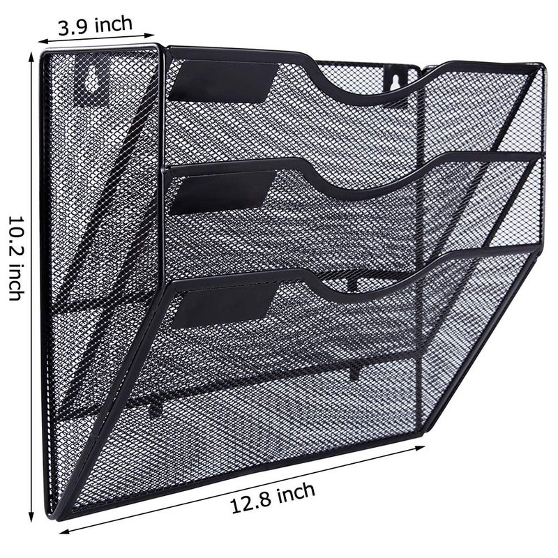 EASEPRES 3 Pocket Mesh Hanging Wall File Organizer, Wall Mounted Mail Paper Document Folder Holder, Clipboard Storage Organization Magazine Rack with Nametag Label for Office Home School, Black - Image 2
